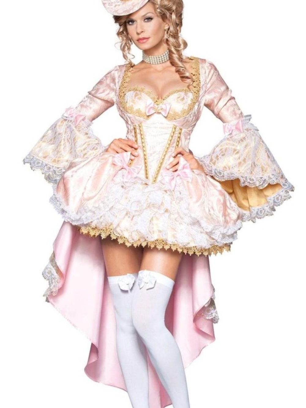 Elegant Pink Rococo-Inspired Women's Costume Dress with Gold Trim